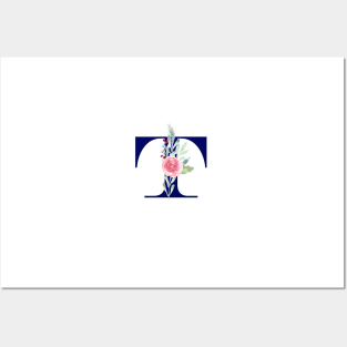 Watercolor Floral Letter T in Navy Posters and Art